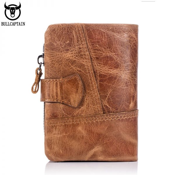 BULLCAPTAIN  Trifold Hasp Zipper Short Wallets for MEN Cow Leather CASUAL Wallet Money Purse Bag