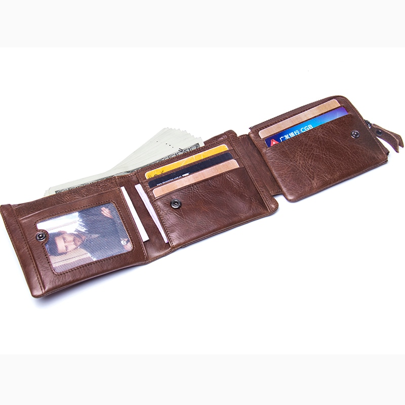 Hiram Men's Leather Wallet,Bi-fold Wallet for Men with Big Coin Pocket,  Men's Purse Crazy Horse Leather Wallet, Metal Snap Wallet for Men (Coffee)