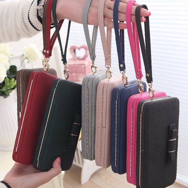 Purse bow wallet female famous brand card holders cellphone pocket PU leather women money bag clutch