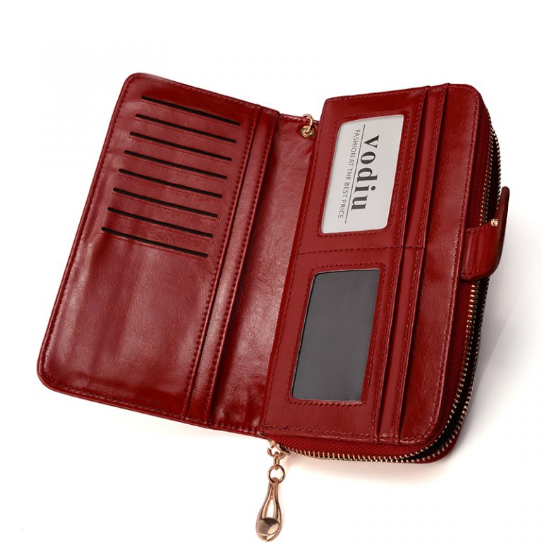 Genuine Leather Trifold Women’s Zipper Wallet with Wristband
