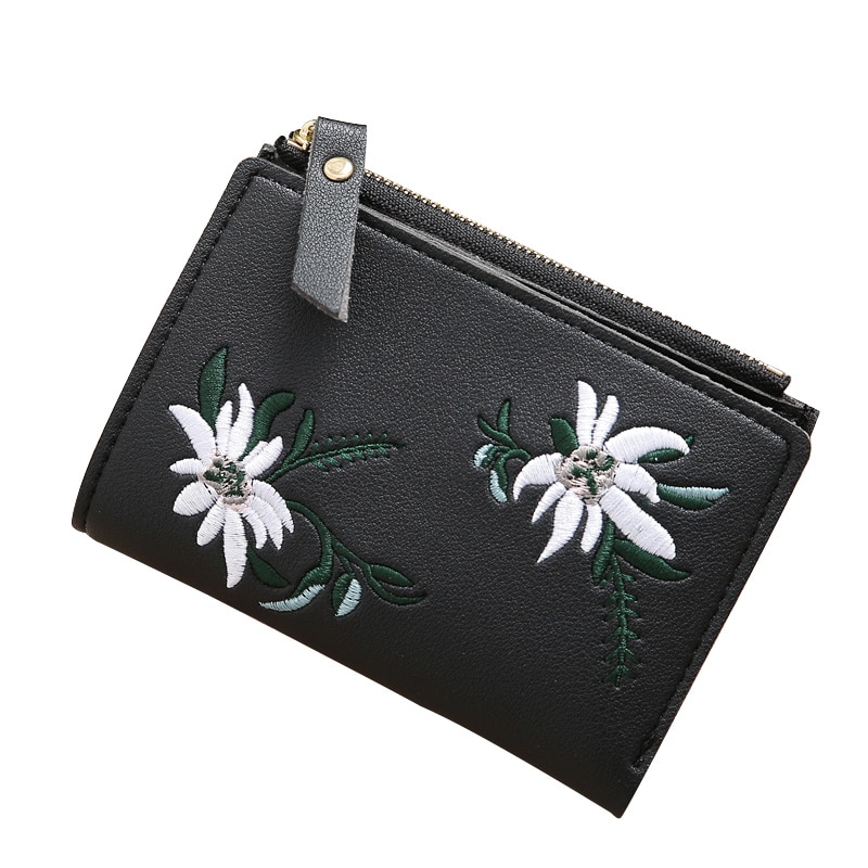 Graphic Flower Embroidered Short Wallet, Kiss-Lock & Zipper Clutch Purse,  Faux Leather Coin Purse
