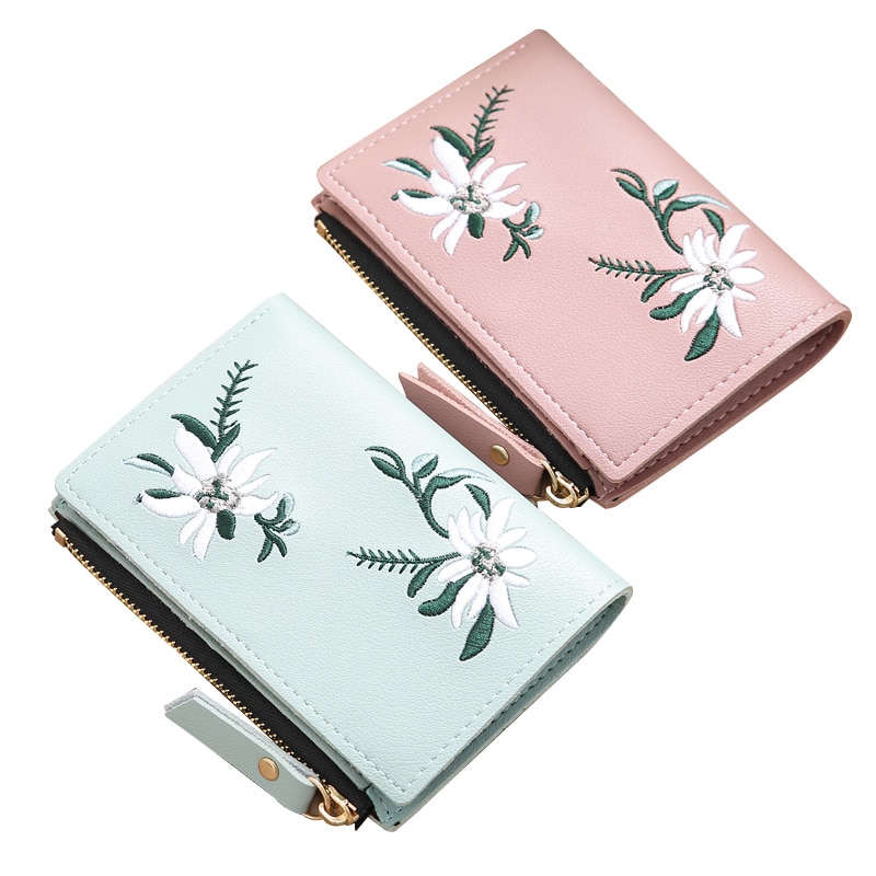 Graphic Flower Embroidered Short Wallet, Kiss-Lock & Zipper Clutch Purse,  Faux Leather Coin Purse