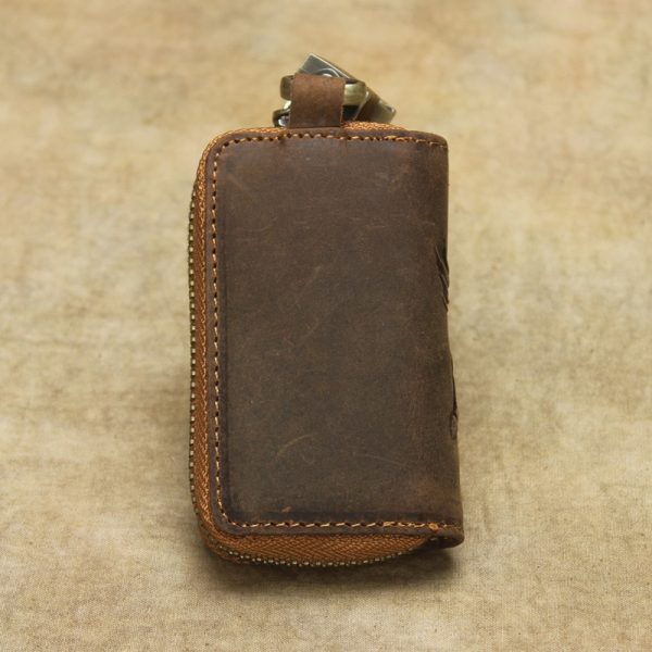 Genuine Leather Car Key Wallet Men Key Holder Housekeeper Horse Carving Keychain Covers Zipper Case