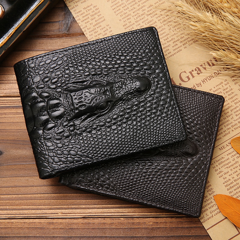 Unique Crocodile Skin Small Bifold Men’s Genuine Leather Wallets CrossBlack