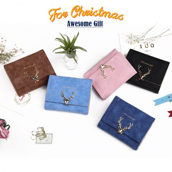 Latest Christmas Deer Women Leather Wallet VintageTri Folds Luxury Cash Purse Girl Small Black Clutch