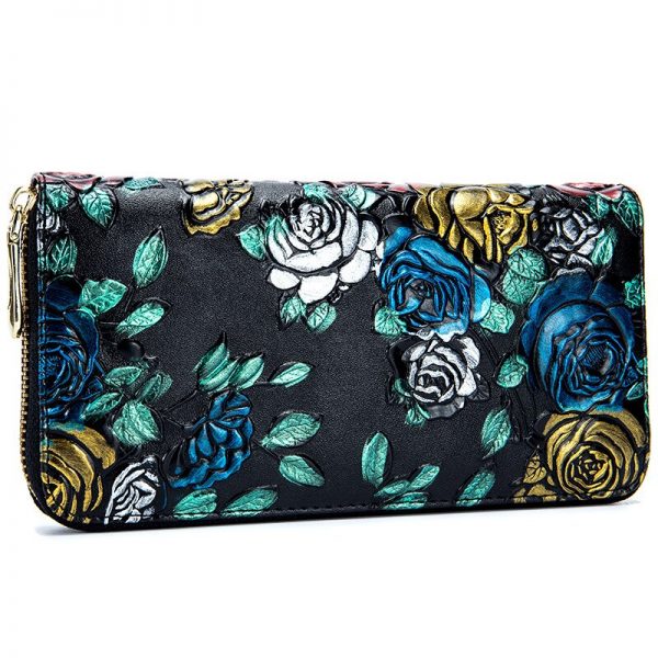 RFid Female Wallet Genuine Leather Women Flowers Purses Butterfly Card Holder Coin Zipper Print Colorful