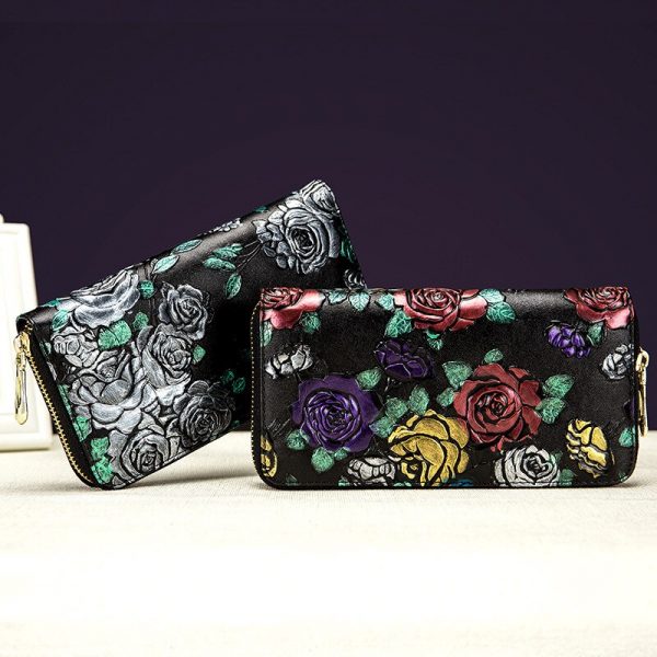 RFid Female Wallet Genuine Leather Women Flowers Purses Butterfly Card Holder Coin Zipper Print Colorful
