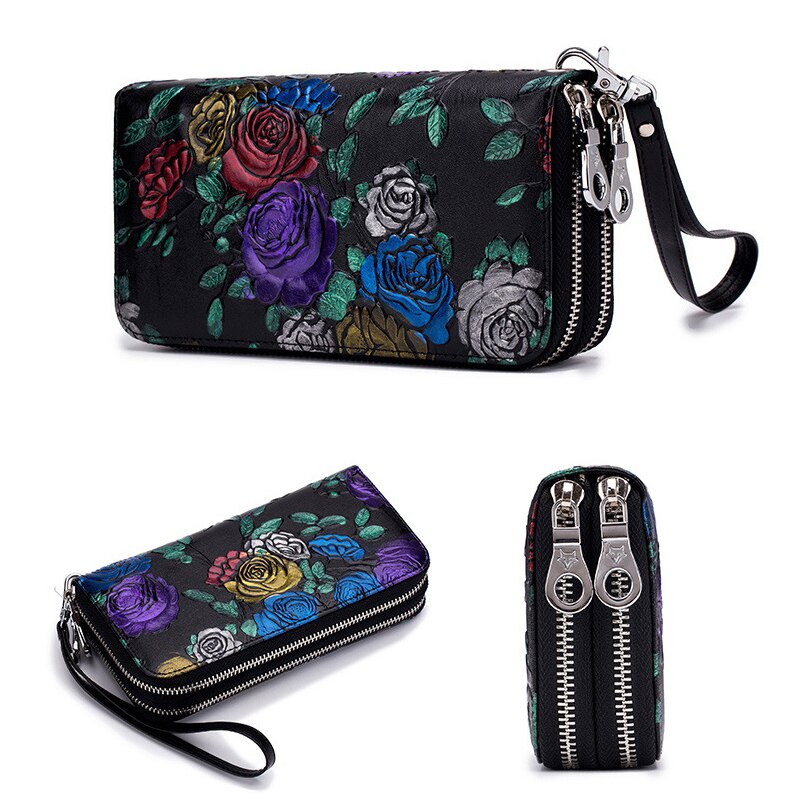 Women’s Long Floral Genuine Leather Double Zipper RFID Wallets