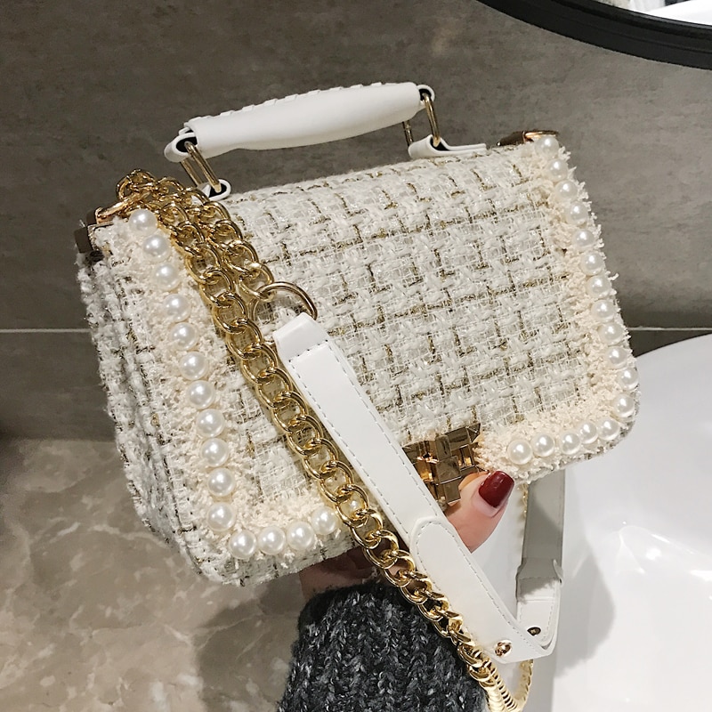Elegant Female Pearl Tote bag Fashion High Quality Woolen Women Designer  Handbag