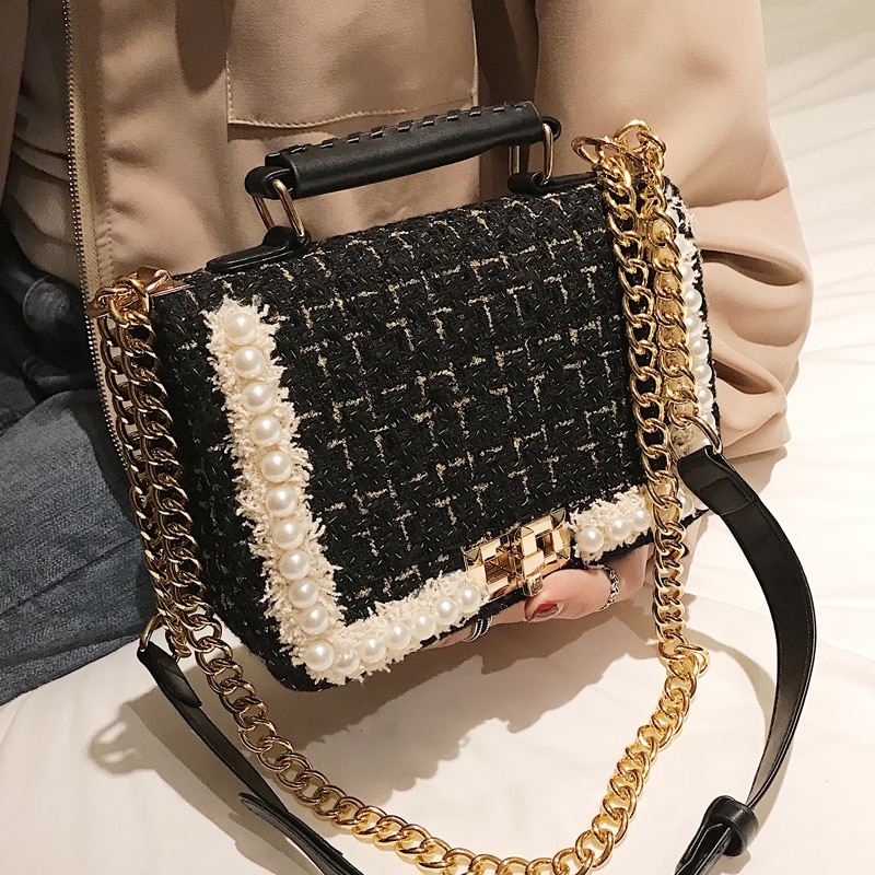 Elegant Female Pearl Tote bag Fashion High Quality Woolen Women Designer  Handbag