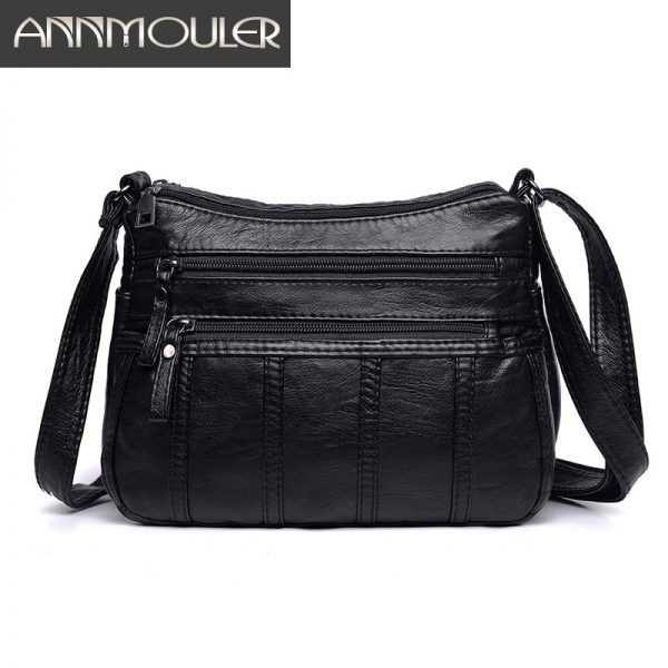 Annmouler Fashion Women Crossbody Bag Black Soft Washed Leather Shoulder Bag Patchwork Messenger Bag Small Flap