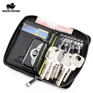 BISON DENIM Genuine Leather Key Wallet Male Card Keychain Cover Zipper Card Holder Wallet Key Organizer