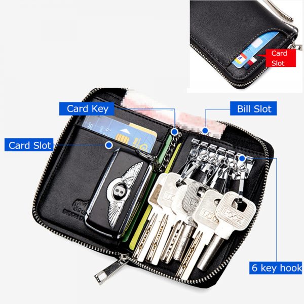BISON DENIM Genuine Leather Key Wallet Male Card Keychain Cover Zipper Card Holder Wallet Key Organizer