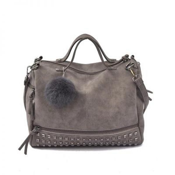 Bolish Vintage Nubuck Leather Female Top handle Bags Rivet Larger Women Bags Hair Ball Shoulder Bag