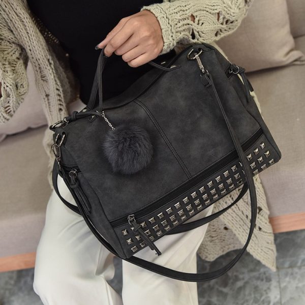 Bolish Vintage Nubuck Leather Female Top handle Bags Rivet Larger Women Bags Hair Ball Shoulder Bag