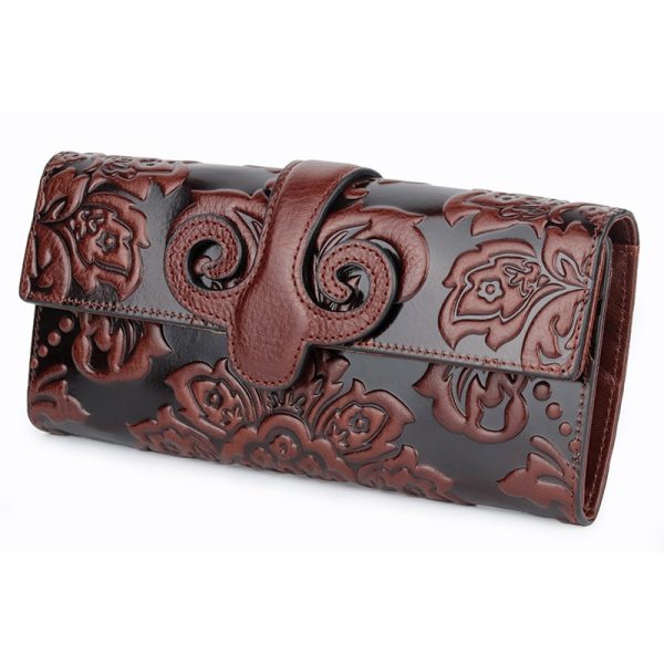 COMFORSKIN Premium Genuine Oil Waxing Leather Unique Embossed Floral Woman Purse Famous Brand Long Cover Style