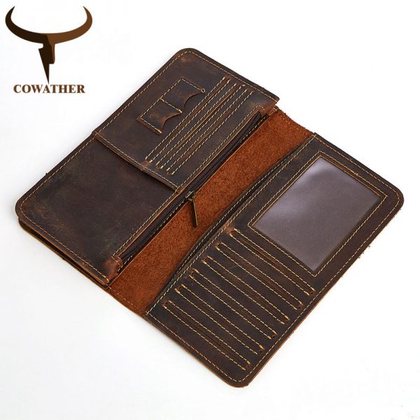 COWATHER  top cow genuine leather Crazy horse leather men wallet  long style high quality