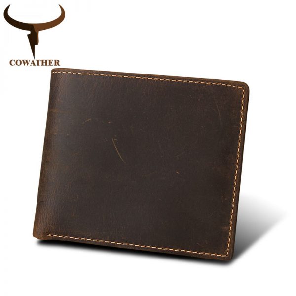 COWATHER   cow genuine Crazy horse leather mens wallet vintage short style high quality male