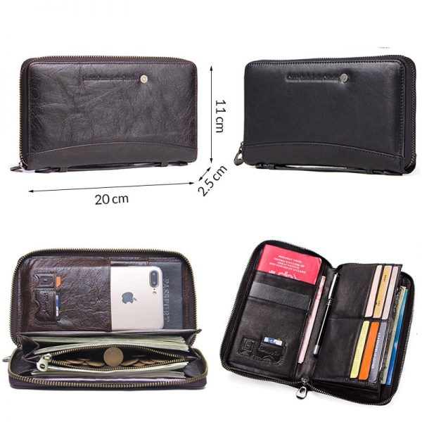 Contact s Cow Leather Men Casual Clutch Wallet Card Holder Zipper Purse With Passport Holder Phone