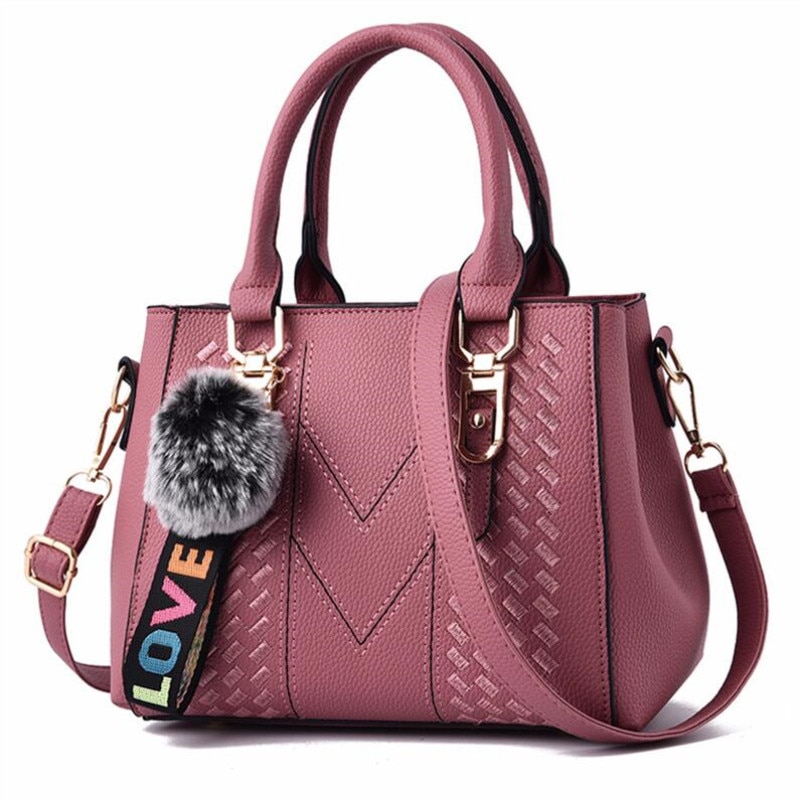 High Quality Leather Embroidery Messenger Fur ball Handbags for Women
