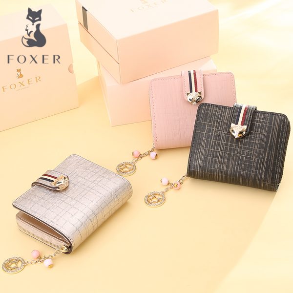 FOXER Brand Women Cow Leather Wallets Famous Designer Coin Purse Girl Fashion High Quality Short Wallet