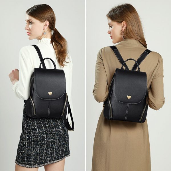 FOXER Cowhide Genuine Leather Girl s School Bag Korean Simple Black Women Backpack Large Capacity Lady