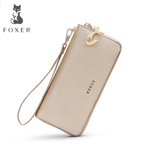 FOXER Women Cow Leather Long Wallet Fashion Wristlet Clutch Purse Cellphone bag with Wrist Strap Wallets