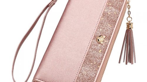FOXER Women s Glitter Cowhide Leather Long Wallets with Wristle Luxury Female Purse Lady Clutch Cellphone