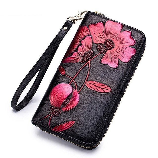 Genuine Leather Flower Designer Women’s Long Clutch Zipper Wallets Pink