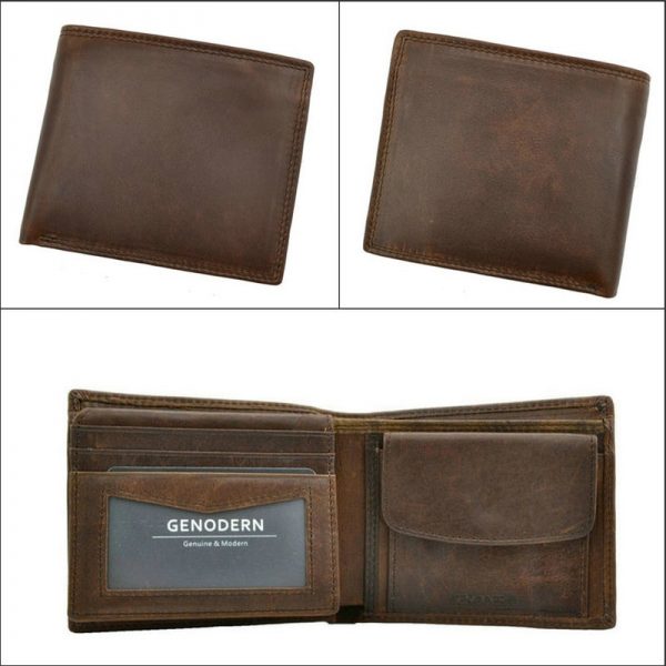 GENODERN Cow Leather Men Wallets with Coin Pocket Vintage Male Purse Function Brown Genuine Leather Men