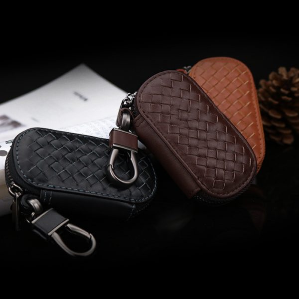 Genuine Leather Car Logo Keychain Hand Woven Key Bag Case Covers Wallet For PORSCHE PEUGEOT SKODA