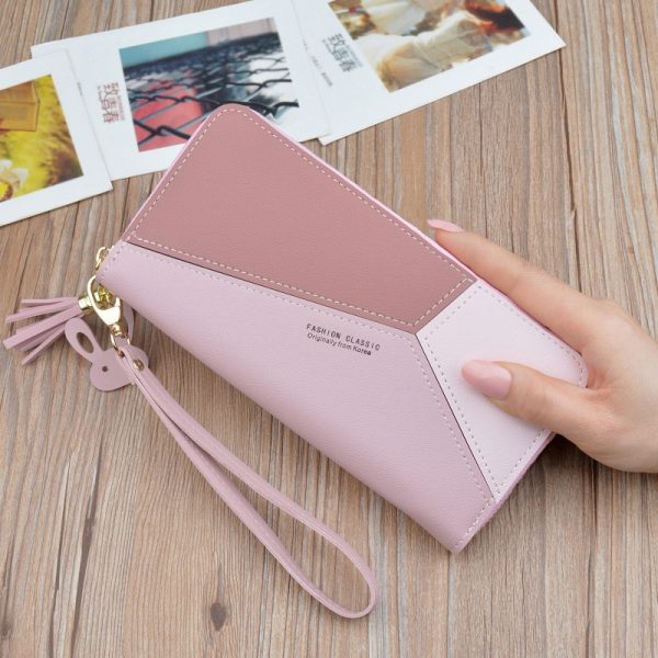 Geometric Women Wallets with Zipper Pink Phone Pocket Purse Card Holder Patchwork Women Long Wallet Lady