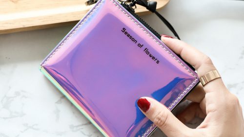 HUBOONE Fashion Women Leather Wallet Holographic Wallet Women Small Card Wallet Zipper Coin Purse Card Holder