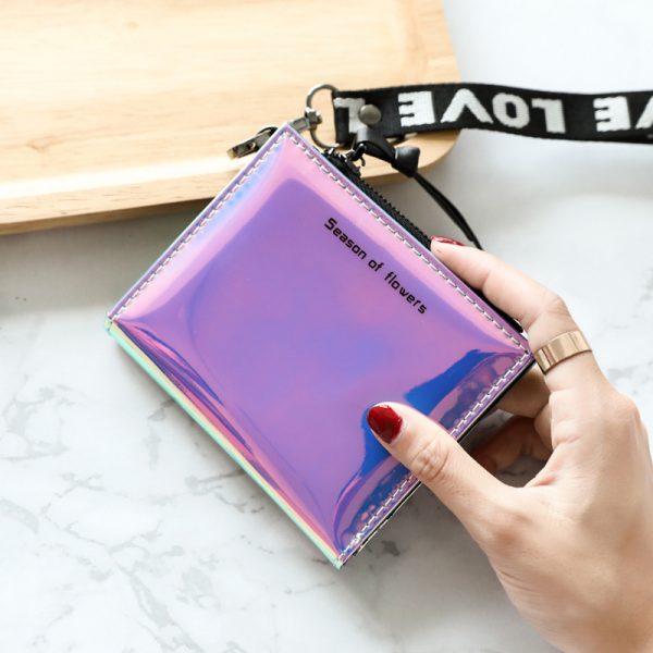 HUBOONE Fashion Women Leather Wallet Holographic Wallet Women Small Card Wallet Zipper Coin Purse Card Holder
