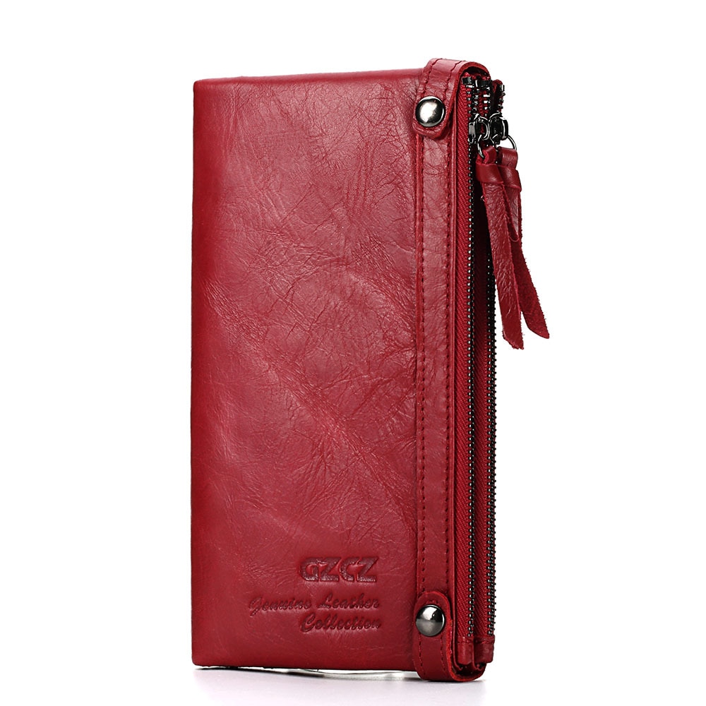 GZCZ Genuine Cow Leather Long Zipper Wallets for Women