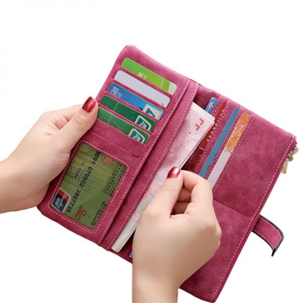 Leather Zipper Long Women Wallets Solid Drawstring Nubuck Luxury Brand Wallet Designer Purse Card Holder Clutch