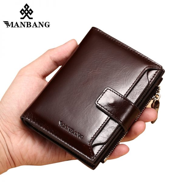 ManBang Genuine Leather Men Wallets Fashion Trifold Wallet Zip Coin Pocket Purse Cowhide Leather man wallet
