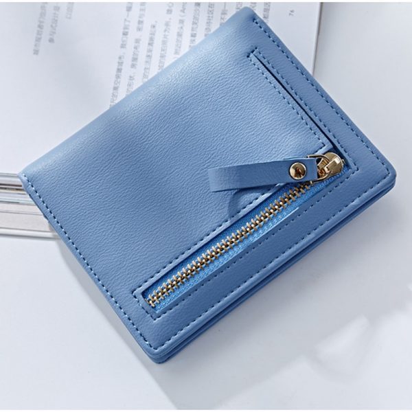 Short Women Wallets Zipper Coin Bag In Back Blue Soft Leather Ladies Card Holder Slim Purse