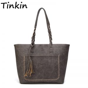 Tinkin Vintage PU Tassel Women Shoulder Bag Female Retro Daily Causal Totes Lady Elegant Shopping Handbag