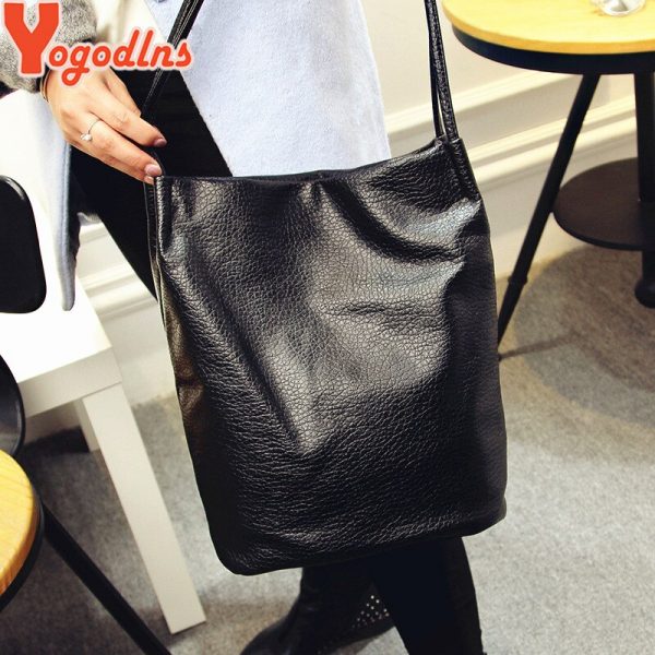Yogodlns Women Leather Handbags Black Bucket Shoulder Bags Ladies Crossbody Bags Large Capacity Ladies Shopping Bag