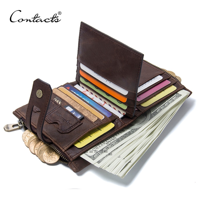 CONTACT'S Genuine Leather Compact Men's Wallet with Dual Zipper