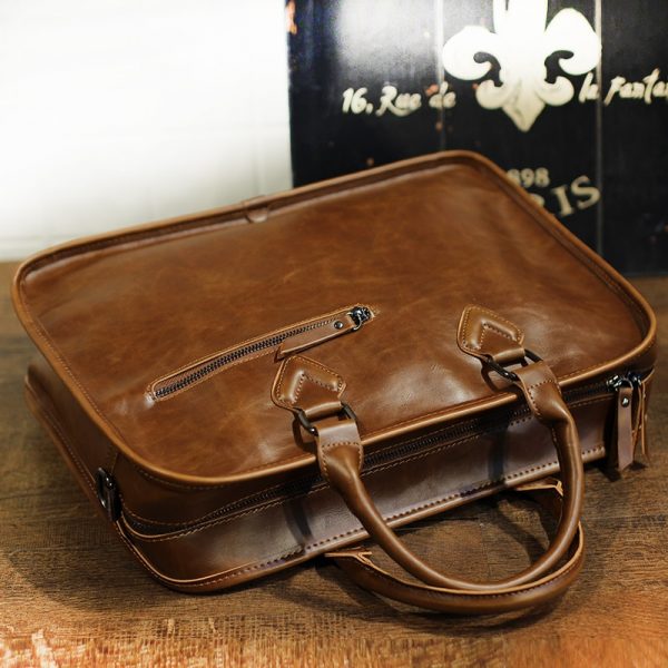 Brand Crazy Horse PU Leather Men Briefcase Vintage  inch Big Business Laptop Handbag Fashion Brown