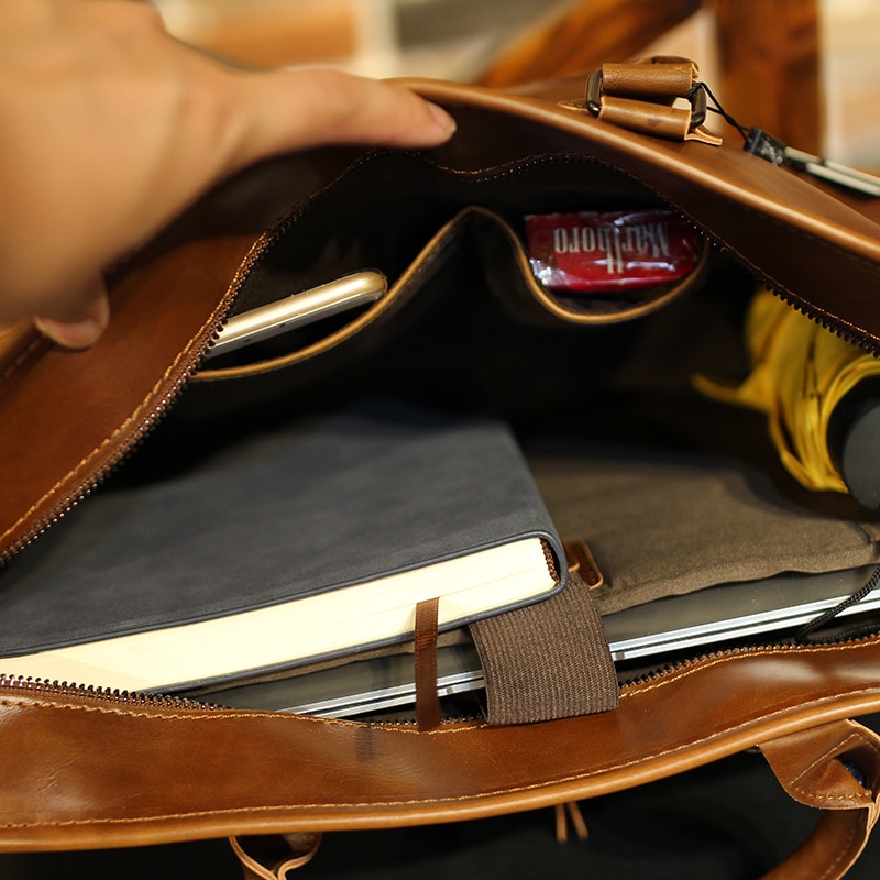 Men's Brand Designer Briefcase Crazy Horse PU Leather 14 inch