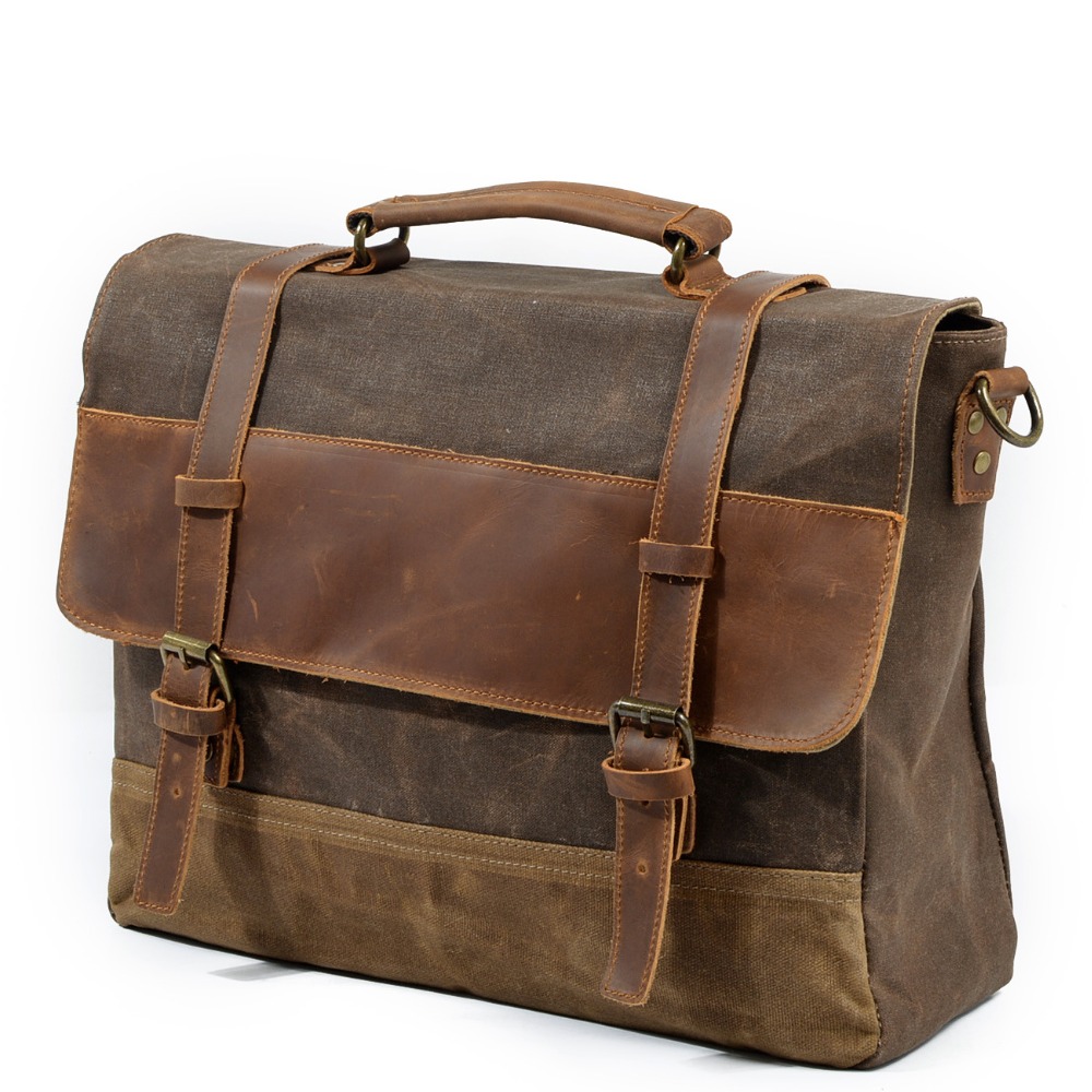 Large Vintage Leather Canvas Laptop Bag / Satchel Shoulder Bag