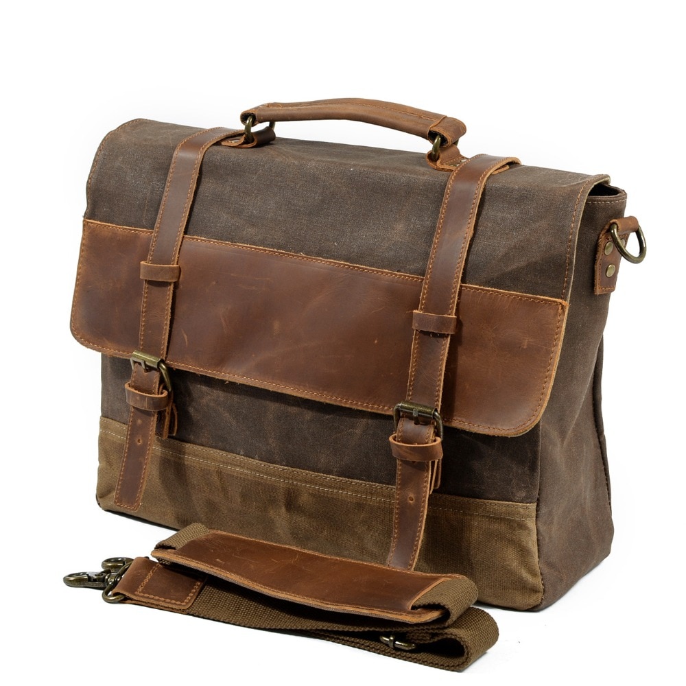 Large Vintage Leather Canvas Laptop Bag / Satchel Shoulder Bag
