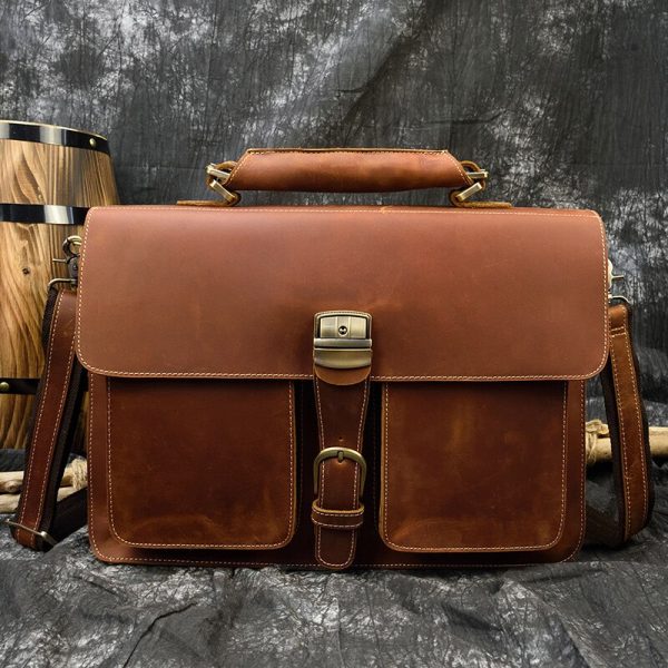 MAHEU Luxury Fashion  Genuine Leather Men Briefcase Cow Leather Laptop Bag Vintage Shoulder Bag Real
