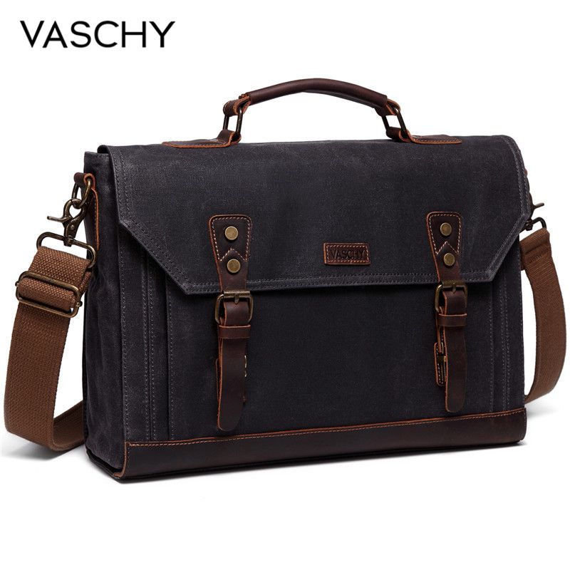 VASCHY’s Vintage Leather Waxed Canvas Briefcase Bags for 17.3 inch