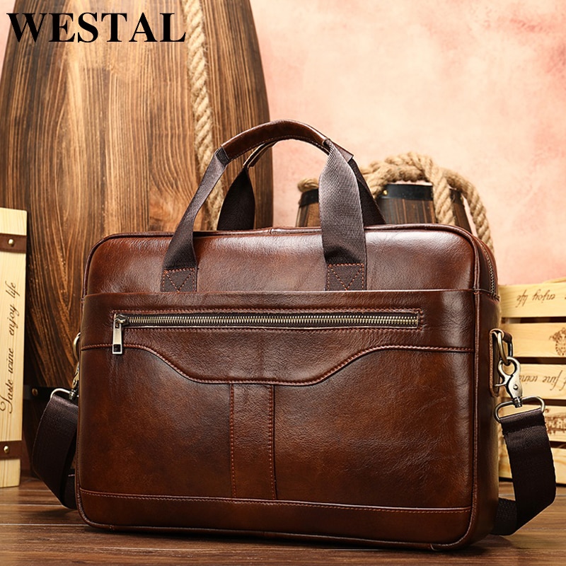 WESTAL Men S Briefcase Men S Bag Genuine Leather Laptop Bag Leather Computer Office Bags For 