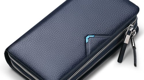 WilliamPolo Men’s Cowhide Leather Double Zipper Clutch Wallets